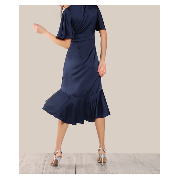 Navy Blue Satin Ruffle Wrap Tie Dress - Picture 3 of 5